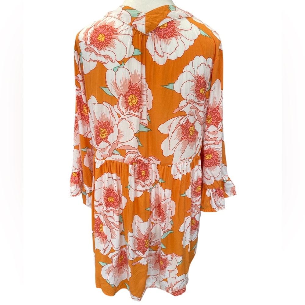 C&C California Orange Pink Floral V-Neck Tunic Blouse Elbow Length Sleeve Medium - Picture 2 of 8
